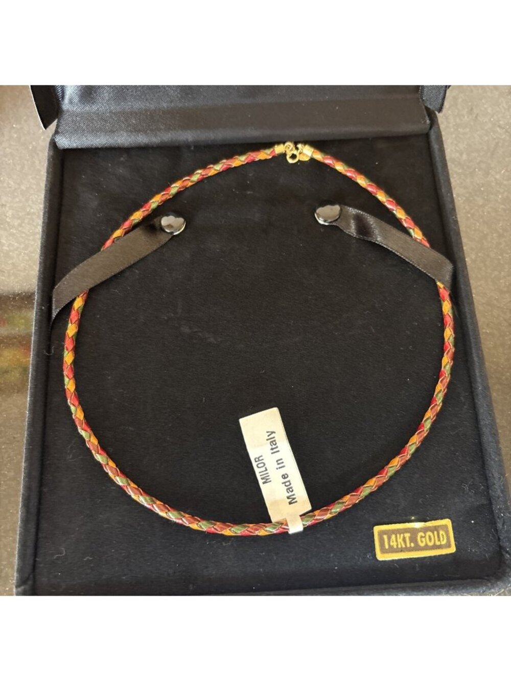Milor Italy 14k and Braided Leather Necklace Multicolor Cord 17in Choker Collar